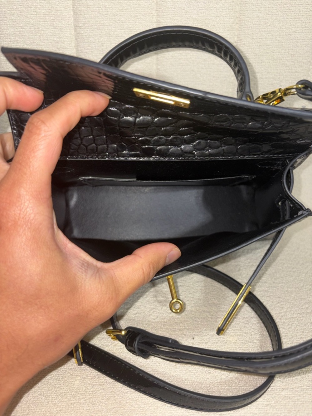 Black Croc Embossed Mini Top Handle Bag - Structured Kelly Style Gold Hardware - Picture 3 of 8
